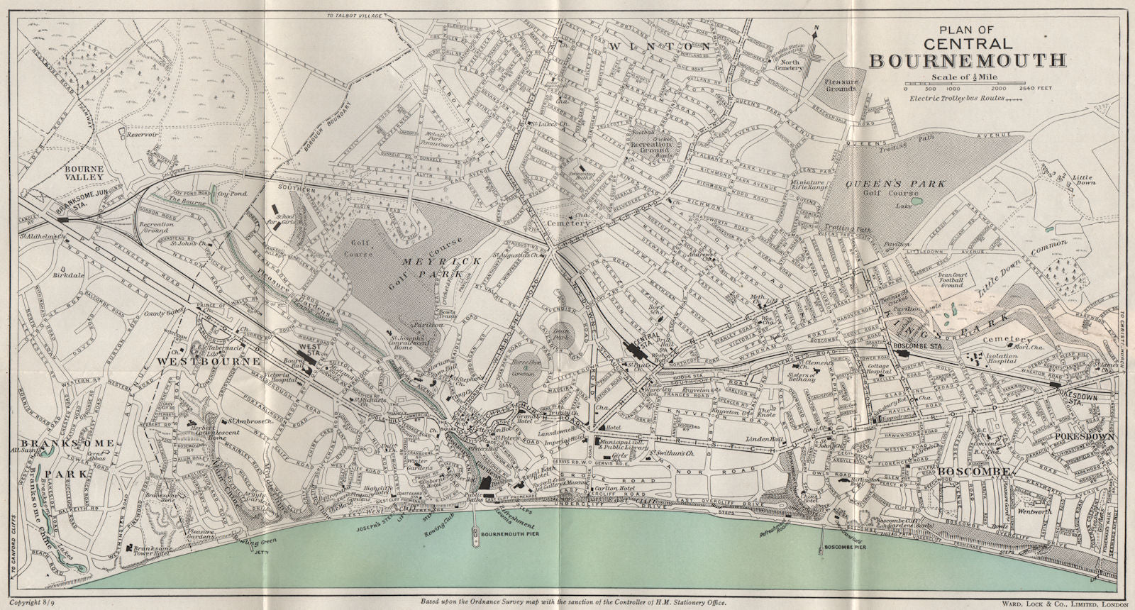 CENTRAL BOURNEMOUTH vintage town/city plan. Dorset. WARD LOCK 1946 old map